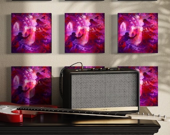 May include: A black rectangular speaker with a metallic gold trim at the base and a mesh front grille, positioned in front of nine square wall art prints featuring a vibrant purple and red fantasy illustration of figures in a dark forest.