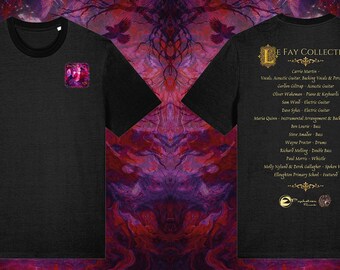 May include: A black short-sleeved t-shirt featuring a small square graphic on the front chest and a list of names and roles under the heading Le Fay Collective on the back, including Carrie Martin, Gordon Giltrap, Oliver Wakeman, and others.