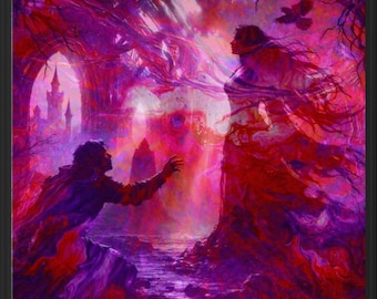 May include: A framed digital art print featuring a kneeling figure reaching towards a spectral, ethereal entity in a vibrant landscape of deep pink, purple and red hues, with a distant castle silhouette and a flying bird in the background.
