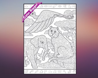 May include: A black and white line drawing of a tiger, elephant, and bird in a jungle setting. The animals are made up of intricate patterns and designs. The image is labeled "Color Bigger".