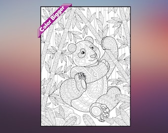 May include: A black and white line art illustration of a panda bear sitting in a bamboo forest. The panda is intricately detailed with a patterned design.