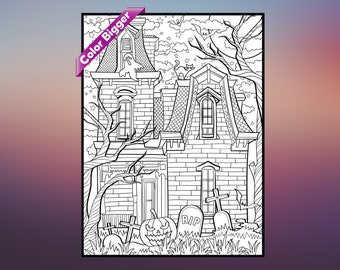May include: A black and white line drawing of a spooky haunted house with a ghost in the attic window, a cat on the roof, and a graveyard in front. The house has a brick exterior and a gabled roof. The graveyard has a tombstone with the inscription "RIP".