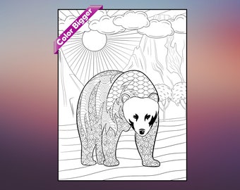 May include: A black and white line art coloring page featuring a bear with intricate patterns in a mountain landscape with a sun and clouds.