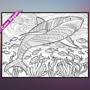 Enorme cartel para colorear Shark en tamaños 24x32 o 36x48, decoración del hogar, arte de la pared, regalo de Navidad
