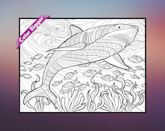 May include: A black and white line drawing of a shark swimming through the ocean. The shark is detailed with intricate patterns and surrounded by smaller fish and seaweed.