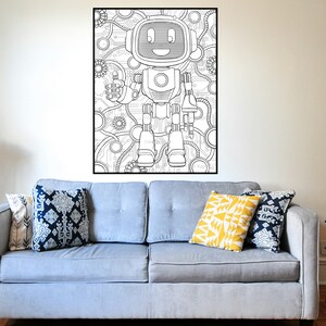 May include: A black and white line drawing of a robot with a friendly face, standing on a circuit board background. The robot has two arms, two legs, and a large head with antennas.