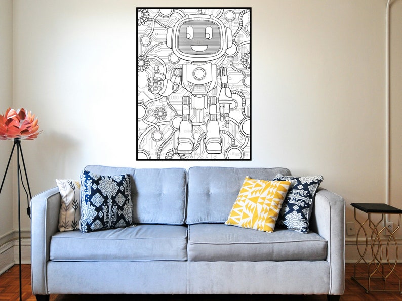 May include: A black and white line drawing of a robot with a friendly face, standing on a circuit board background. The robot has two arms, two legs, and a large head with antennas.