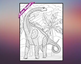 May include: A black and white line drawing of a dinosaur standing in a tropical setting with palm trees. The dinosaur has a long neck and tail, and its body is covered in intricate patterns. The background features a sun and clouds.