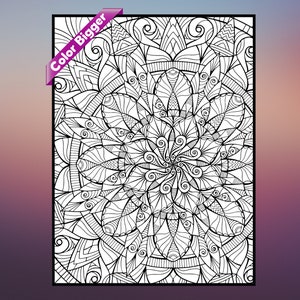 May include: A black and white intricate mandala design with a swirling pattern in the center. This coloring page is perfect for adults who enjoy detailed designs.