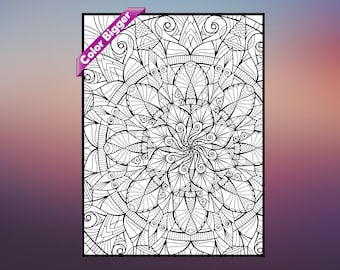 May include: A black and white intricate mandala design with a swirling pattern in the center. This coloring page is perfect for adults who enjoy detailed designs.