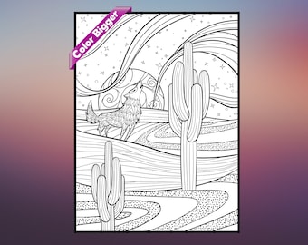 May include: A black and white line drawing of a wolf howling at the moon in a desert landscape with two tall cacti. The moon is partially obscured by clouds and there are stars in the sky.