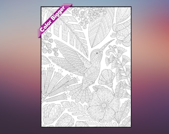 May include: Black and white coloring page featuring a detailed hummingbird in flight, surrounded by intricate floral and leaf patterns. The image is labeled "Color Bigger" in a pink banner.