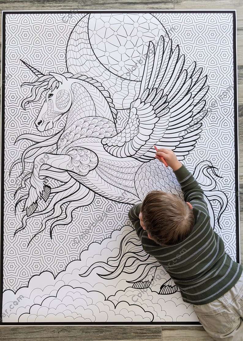 Huge unicorn coloring poster on high quality thick paper.  Available in two sizes.