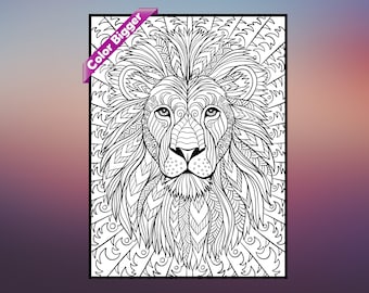 May include: A black and white line drawing of a lion's face with intricate patterns in the mane and fur. The lion's eyes are open and the mouth is closed. The background is a simple white.