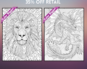 May include: Two black and white posters. One features a detailed lion's head, the other a dragon. The posters are labeled "Color Bigger" and the text "2 POSTERS - BEST SELLER BULK PACK 35% OFF RETAIL" is at the top.
