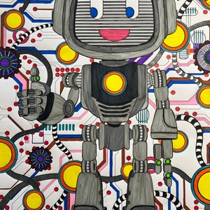 Colored example of our huge robot coloring poster on high quality thick paper.  Available in two sizes.