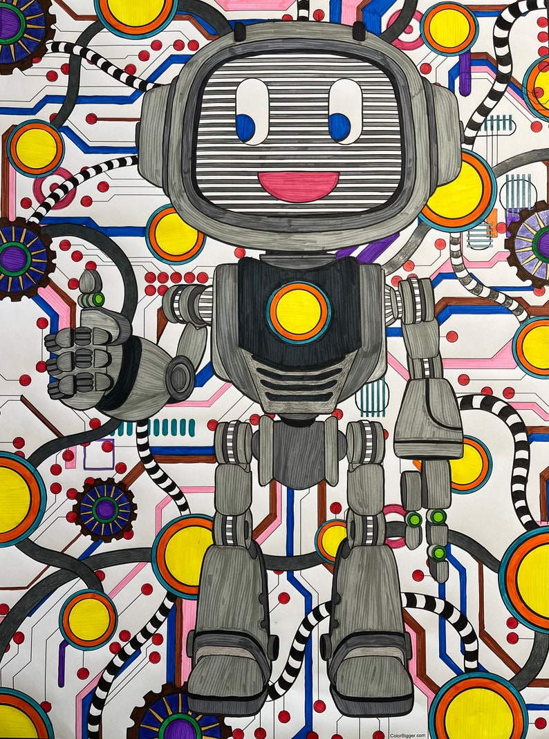 Colored example of our huge robot coloring poster on high quality thick paper.  Available in two sizes.