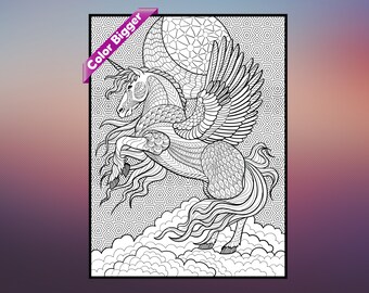 May include: A black and white line art illustration of a winged unicorn with a detailed, intricate design. The unicorn is standing on clouds with a patterned background.