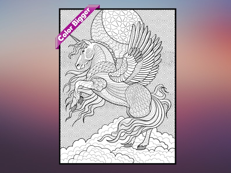 Peut inclure: Une illustration en noir et blanc d'une licorne ail&eacute;e avec un design d&eacute;taill&eacute; et complexe. La licorne est debout sur des nuages avec un fond &agrave; motifs.