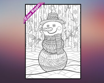 May include: A black and white line art coloring page featuring a snowman with a hat, scarf, and carrot nose standing in a snowy forest. The snowman is intricately detailed with patterns and swirls.