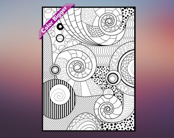 May include: Black and white coloring page featuring a complex geometric design with swirls, circles, and patterns. The text "Color Bigger" is written in a pink banner at the top of the page.
