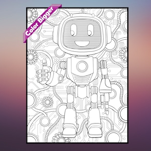May include: A black and white line drawing of a robot with a friendly face. The robot is standing on a circuit board with gears and wires. The robot is giving a thumbs up.