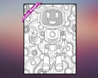 May include: A black and white line drawing of a robot with a friendly face. The robot is standing on a circuit board with gears and wires. The robot is giving a thumbs up.