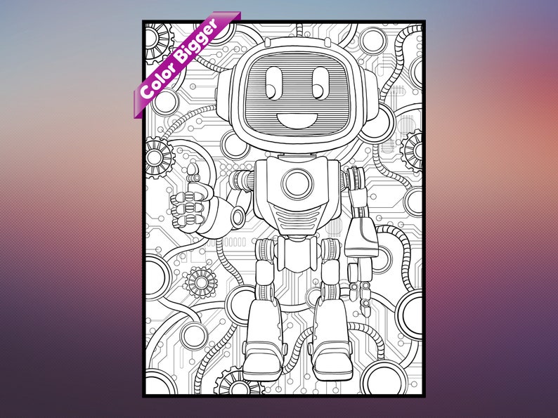 May include: A black and white line drawing of a robot with a friendly face. The robot is standing on a circuit board with gears and wires. The robot is giving a thumbs up.