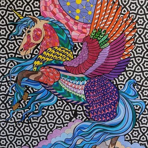 Colored example of our huge unicorn coloring poster on high quality thick paper.  Available in two sizes.
