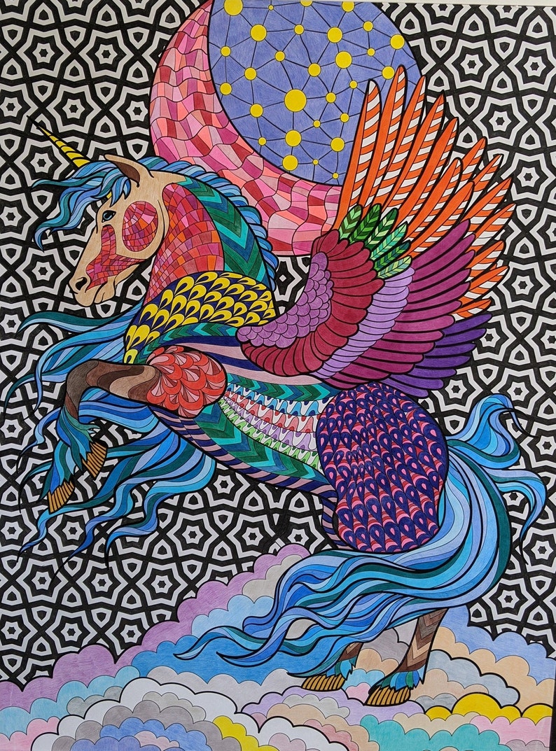 Colored example of our huge unicorn coloring poster on high quality thick paper.  Available in two sizes.