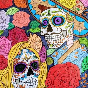 Colored example of our huge Dia de los Muertos coloring poster on high quality thick paper.  Available in two sizes.