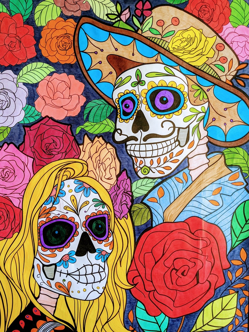 Colored example of our huge Dia de los Muertos coloring poster on high quality thick paper.  Available in two sizes.