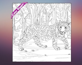 May include: A black and white line drawing of a tiger walking through a forest. The tiger is detailed with intricate patterns and the forest is filled with trees and leaves.
