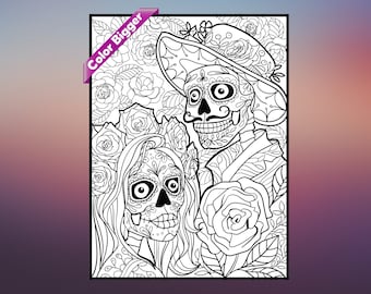 May include: Black and white line art illustration of a couple dressed as skeletons with floral details. The woman is wearing a floral crown and the man is wearing a sombrero. The couple is surrounded by roses and other floral elements.