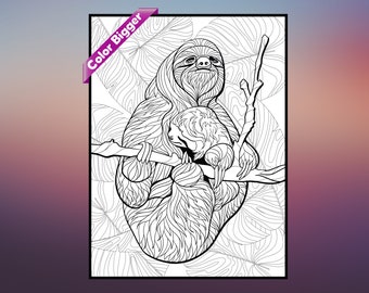 May include: A black and white line drawing of a sloth and a baby sloth hanging from a branch in a jungle setting. The sloth is curled up with its baby, and both have detailed fur and facial features.