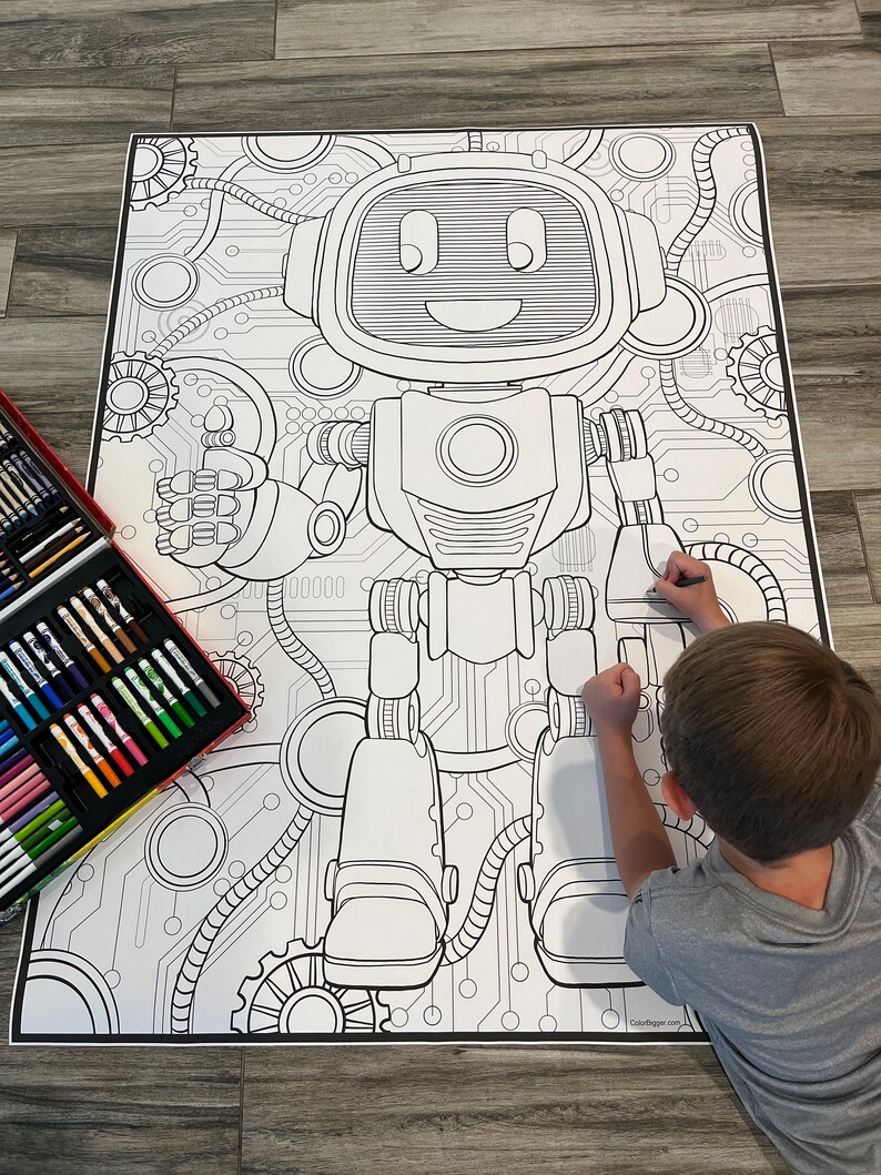 May include: A black and white coloring page featuring a robot with a friendly face and gears. A child is coloring the page with colored pencils.