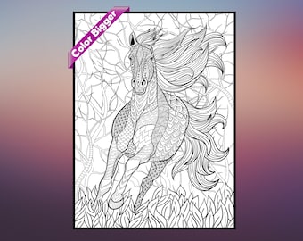 May include: A black and white line art illustration of a horse running through a forest. The horse's mane and tail are flowing in the wind. The horse is detailed with intricate patterns.