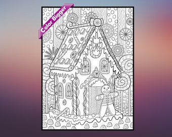 May include: A black and white line drawing of a gingerbread house with candy cane trim and a gingerbread person standing in front of the door. The house is decorated with swirls and dots. The background is filled with snowflakes and candy canes.