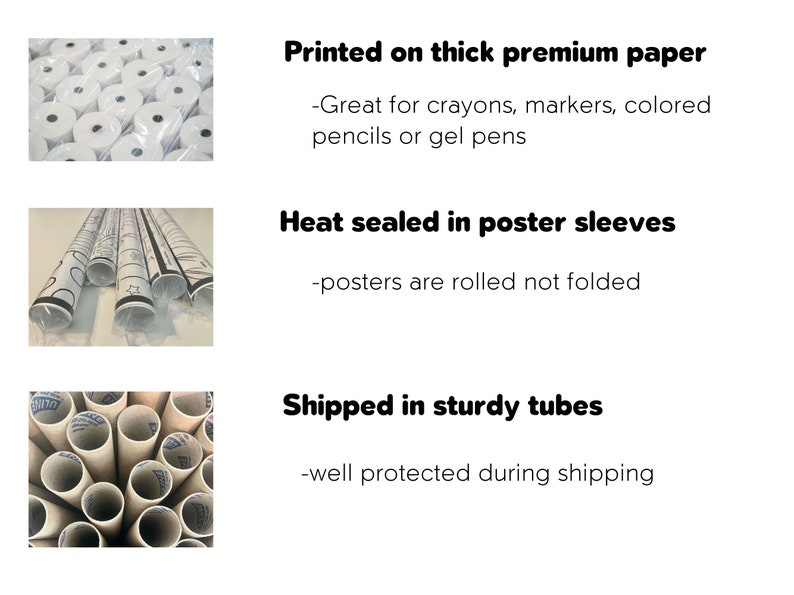 May include: Close-up of rolled posters packaged in protective tubes. The posters are printed on thick paper and heat-sealed in sleeves. The text on the image reads: "Printed on thick premium paper -Great for crayons, markers, colored pencils or gel pens Heat sealed in poster sleeves -posters are rolled not folded Shipped in sturdy tubes -well protected during shipping"
