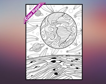May include: A black and white coloring page featuring a detailed illustration of Earth, a planet, and shooting stars. The illustration is surrounded by a white border.