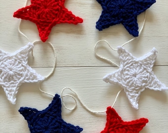 Crocheted Red White & Blue star Garland - USA, Independence day, patriotic swag 60”