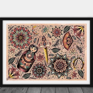 Autumn Mandala Print Traditional Tattoo Neo Traditional Tattoo Flash Art Tattoo Flash Tattoo Art Print Home Decor Poster