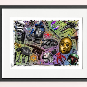 Star Wars Tattoo Flash Art Print: Neo Traditionelles R2D2, C3PO, Falke
