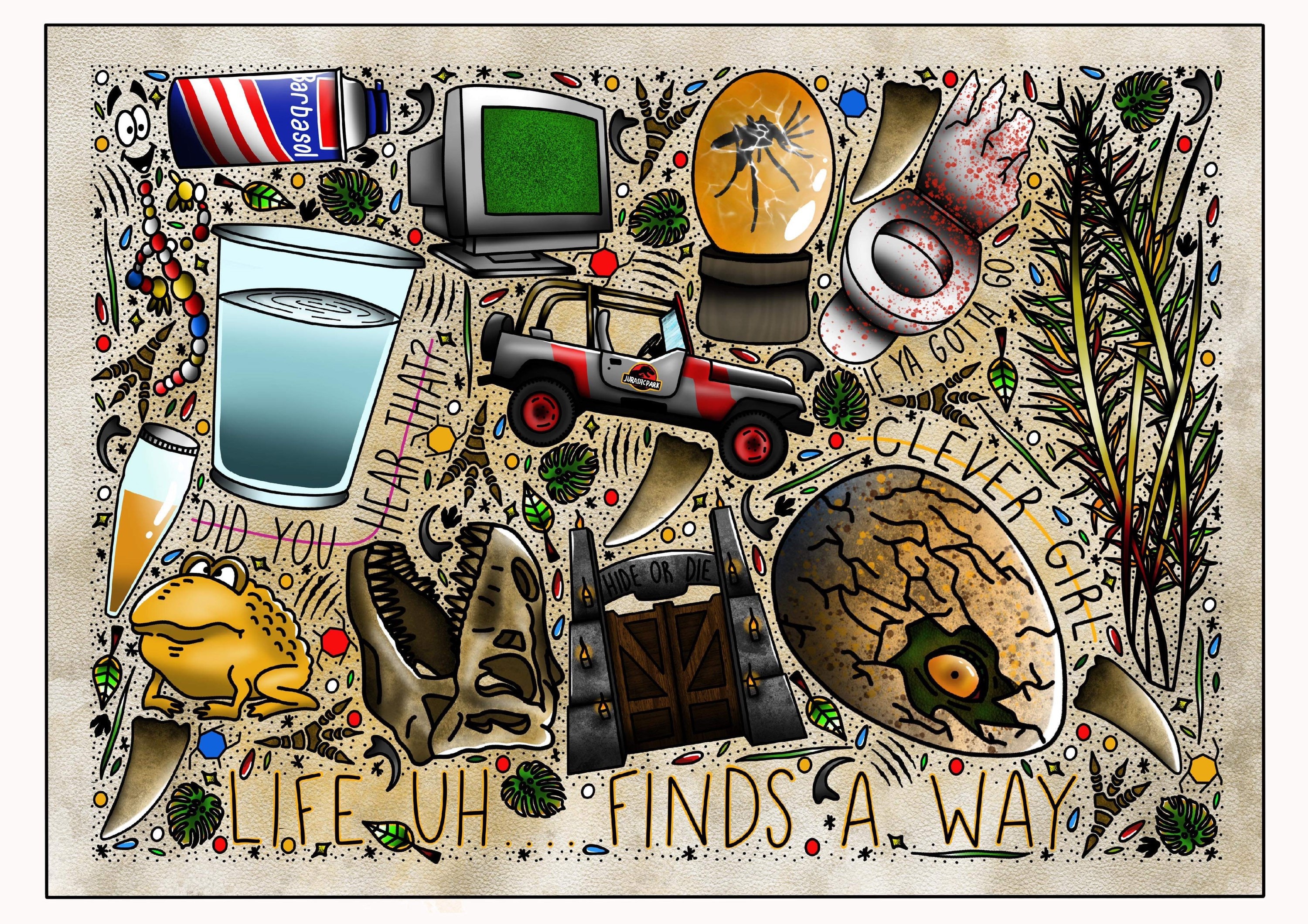 Jurassic Park Tattoo Flash Art Print: Neo Traditional Style, image size:3000x2120