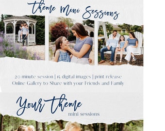 Completely editable Mini Session Template Bundle for Photoshop. You can change the words, fonts, colors, and pictures.