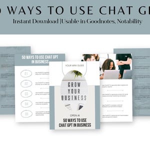 Op de afbeelding: Een digitaal product getiteld "50 manieren om Chat GPT te gebruiken" met de tekst "Direct downloaden | Bruikbaar in Goodnotes, Notability." De afbeelding toont verschillende pagina's met opsommingstekens en de tekst "50 manieren om Chat GPT in Business te gebruiken."