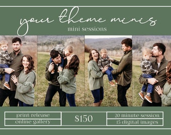 Completely editable Mini Session Template for Photoshop. You can change the words, fonts, colors, and pictures. Very versatile template.