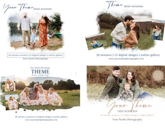 Completely editable Mini Session Template Bundle for Photoshop. You can change the words, fonts, colors, and pictures.