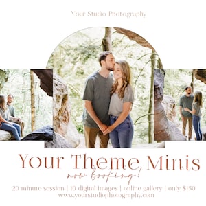 Puede incluir: Una pareja posa para una sesión de fotos en una zona boscosa. La pareja está de pie frente a una formación rocosa. El texto "Your Theme, Minis now booking! 20 minute session | 10 digital images | online gallery | only $150 www.yourstudiophotography.com" se muestra en la parte inferior de la imagen.