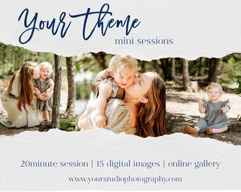 Completely editable Mini Session Template for Photoshop. You can change the words, fonts, colors, and pictures. Very versatile template.